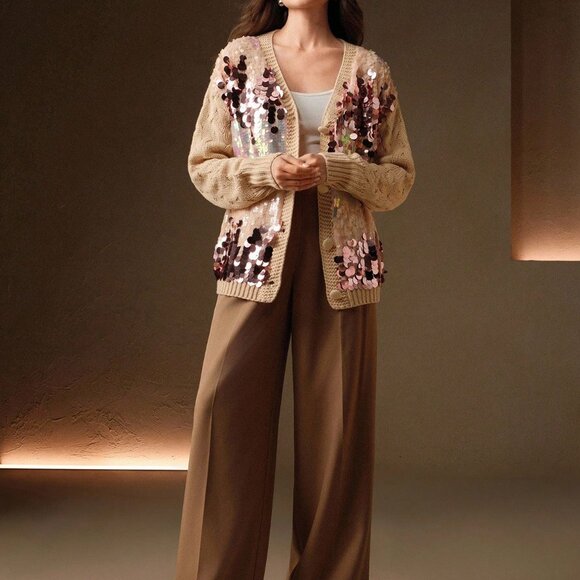 Multicolor Casual Women's V-Neck Cardigan Sweater with Sequins - Picture 1 of 7